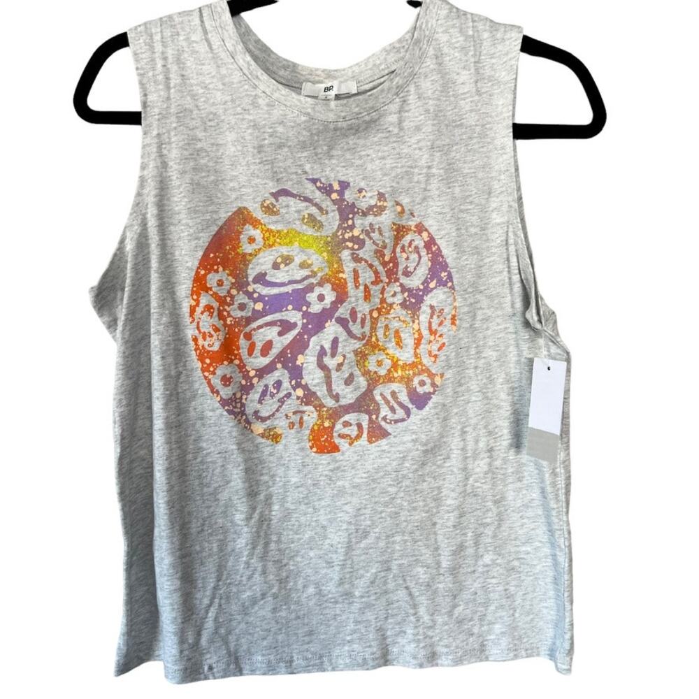 BP. Happy Face Flower Power Graphic Grey Sleeveless Tank Top Womens Small New - Picture 1 of 7